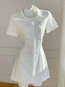 SHEIN EZwear Women's Short Sleeve Shirt Dress - White - View 3