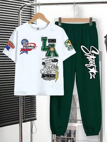 2pcs Tween Boy Casual Y2K Graffiti Letter Print Short Sleeve T-Shirt And Pants Set, Suitable For Spring/Summer