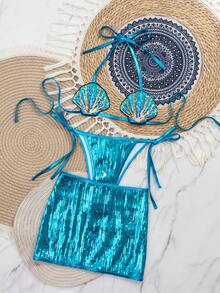 Swim SXY Bộ đồ bơi 3 món mới mùa Xuân/Hè 2026 dành cho nữ, đồ bơi đính sequin hình vỏ sò, trang phục đi biển. - Màu xanh lam - Xem 7