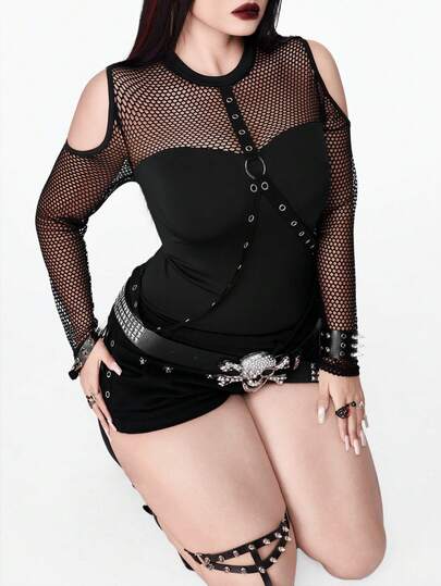 Whyspr Camiseta de manga larga con hombros recortados de malla y adorno de ojetes, estilo punk para tallas grandes