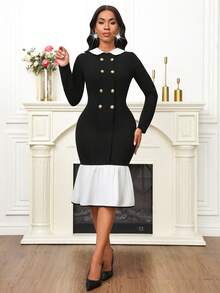 SHEIN Lady Women's Contrast Color Double-Breasted Long Sleeve Fishtail Hem Fitted Elegant Mid-Length Dress