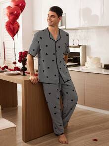 CoupledUp Striped Heart Print Casual Loungewear Pajama Set For Men - Black - View 2