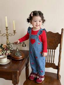 SHEIN Vintaside Kids 1pc Baby Girl Blue Denim Casual Cute Embroidered Floral Strap Denim Jumpsuit, Suitable For Outings And Parties