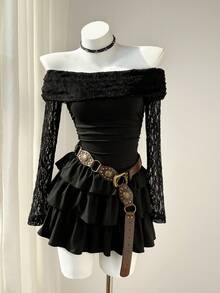 Elamini 女士黑色蕾丝拼接无肩带露肩长袖修身荷叶边下摆A字迷你连衣裙，时尚欧美性感度假风 - 黑色 - 查看 3