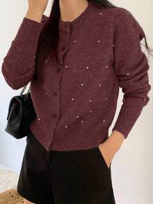 DAZY Women's Fashion Casual Beaded Short Cardigan - Red Violet - View 5