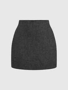 Radiana 大码女装秋冬三件套复古通勤黑色千鸟格羊毛套装：修身西装外套+低腰裙+围巾（带垫肩）；粗花呢两件套；黑色西装外套和裙子套装；复古优雅。 - 黑色 - 查看 8