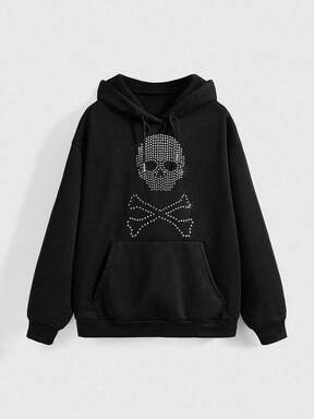 Grunge Punk Rivet Skull Punk Street Style Oversized Black Graphic Hoodie For Women