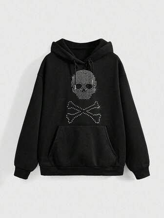 Grunge Punk Sudadera con capucha negra gráfica oversize de estilo punk callejero con remaches y calavera para mujeres