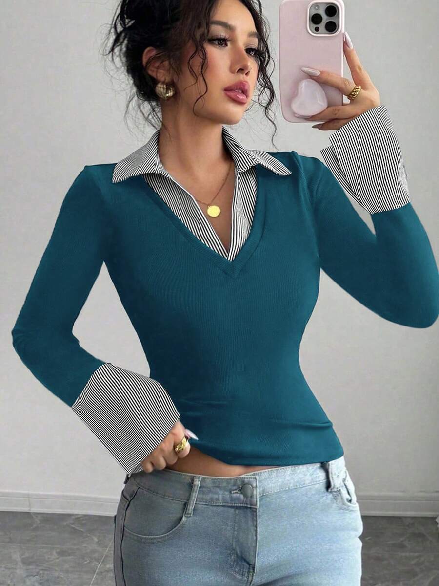 SHEIN Raffinéa Áo polo cổ chữ V đơn giản in sọc tương phản dành cho nữ, chất liệu co giãn, ôm sát, thích hợp cho các buổi tiệc, đi xem hòa nhạc, văn phòng, phong cách cổ điển. Chất liệu dệt kim gân co giãn cao, siêu mềm mại, thoải mái, thân thiện với da em bé, ôm sát cơ thể, phù hợp cho hàng ngày, gợi cảm, dự tiệc, dạo phố, du lịch, hẹn hò. Áo thun tay dài dáng chuông màu xanh ngọc, áo tay dài nữ, áo công sở, áo mùa thu. - Màu xanh ngọc - Xem 1