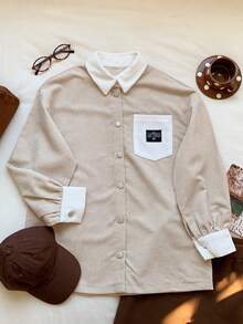 SHEIN EZwear Veste chemise élégante et charmante en velours côtelé à manches longues avec poches, pour l'automne/l'hiver - Kaki - Voir 6