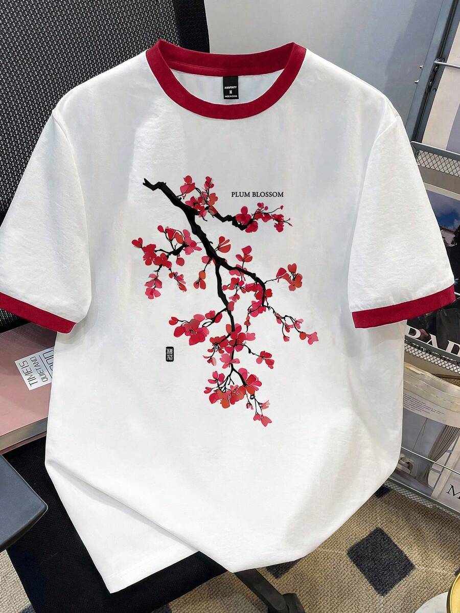 Manfinity Joysei Standard Size Men's Subculture Plum Blossom Pattern Color Block T-Shirt - Multicolor - View 1