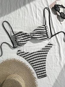Swim Vcay Women's Two Pieces Textured Bikini Set, Multi-Color, Casual Vacation, Christmas Outfits, New Year Outfits - Black and White - View 3