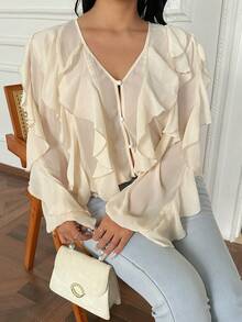 Flirla Casual Elegant Romantic Ruffle Trim V-Neck Loose Flattering Long Sleeve Plus Size Women Blouse, Apricot Color - Apricot - View 5