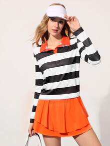 Gameset SHEIN Sport 女士撞色条纹长袖运动Polo衫 - 彩色 - 查看 1
