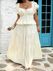 Sunnyshic 大码女装两件套：纯色圆领上衣和长裙 - 杏色 - 查看 4