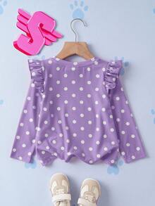SHEIN | PAW Patrol Áo thun dài tay cổ tròn tay raglan ôm dáng dành cho bé gái, họa tiết chấm bi, trái tim hoạt hình và chú cún dễ thương. - Màu tím - Xem 2