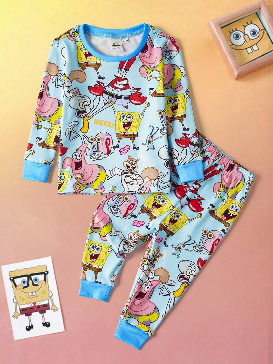 SpongeBob SquarePants | SHEIN 男婴卡通图案圆领长袖上衣和打底裤睡衣套装，秋季 - 藍色 - 查看 1