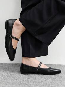 CUCCOO BIZCHIC 女士方头平底巧克力色金属扣套脚平底鞋，舒适休闲玛丽珍鞋，适合搭配连衣裙 - 黑色 - 查看 5
