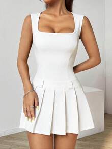 SHEIN EZwear 女士夏季白色方领荷叶边下摆无袖休闲连衣裙 - 白色 - 查看 5