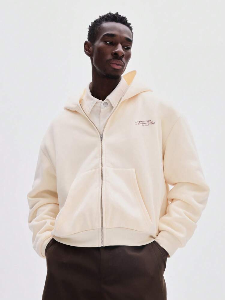 Cream Boxy Zip Up Hoodie With Drawstring