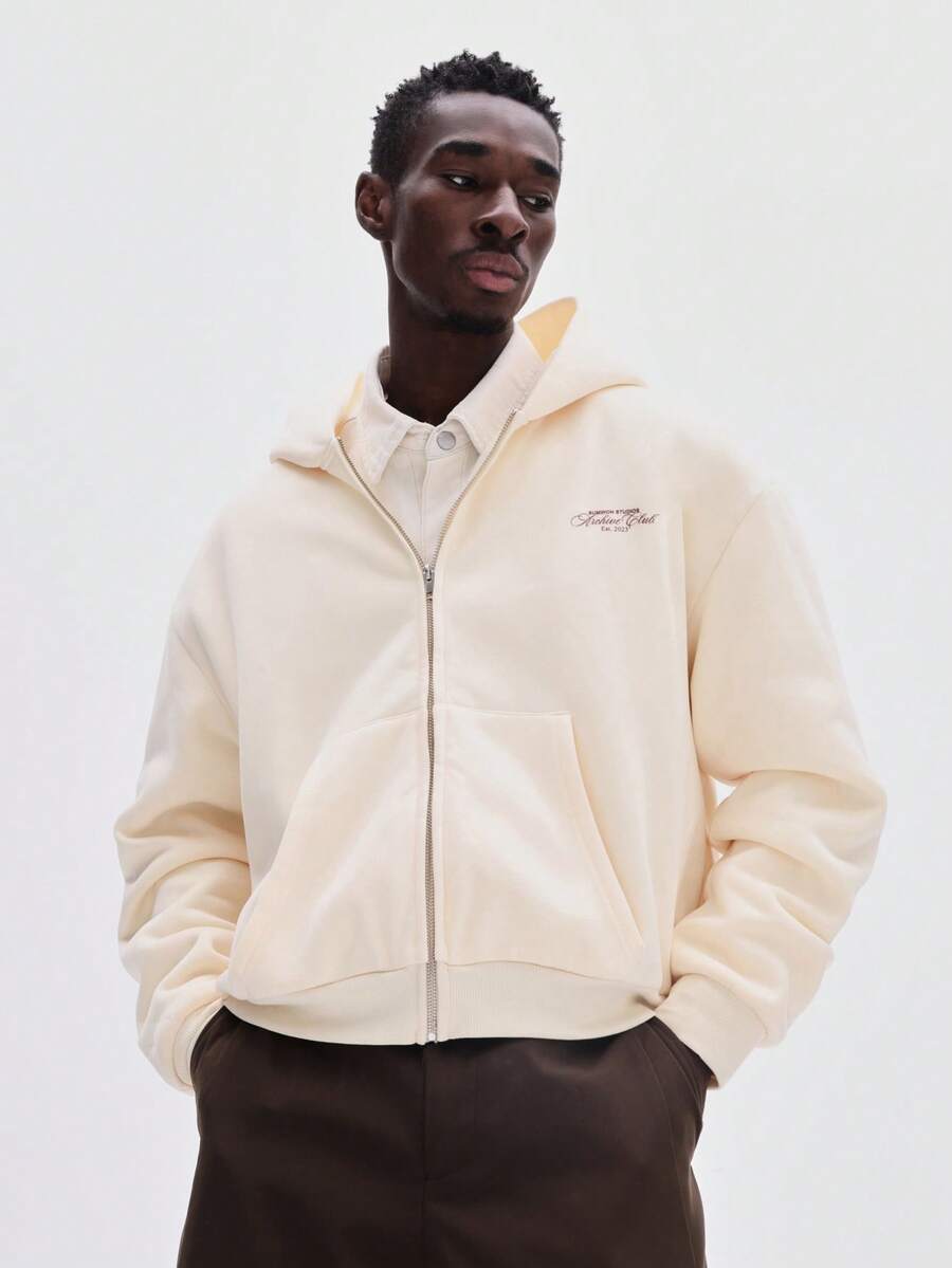 Áo hoodie dáng rộng màu kem SUMWON có khóa kéo, mũ trùm đầu có dây rút và túi giữa, thích hợp cho phong cách đường phố mùa đông thường ngày. - Màu vàng - Xem 1