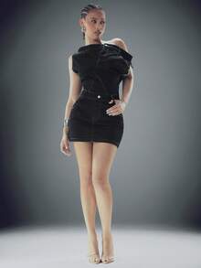 Denimoi Stacked Waist Off Shoulder Denim Mini Dress Fashionable Streetwear Denim Dress Statement Denim - Dark Wash - View 1