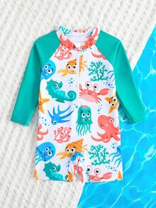 婴儿拉链泳衣，海洋生物鲨鱼印花。夏季海滩度假必备时尚单品。长袖设计，蓝色撞色，可爱的鲨鱼和海洋生物卡通图案。生动活泼。适合可爱的男宝宝在海滩玩耍时穿着。 - 彩色 - 查看 6