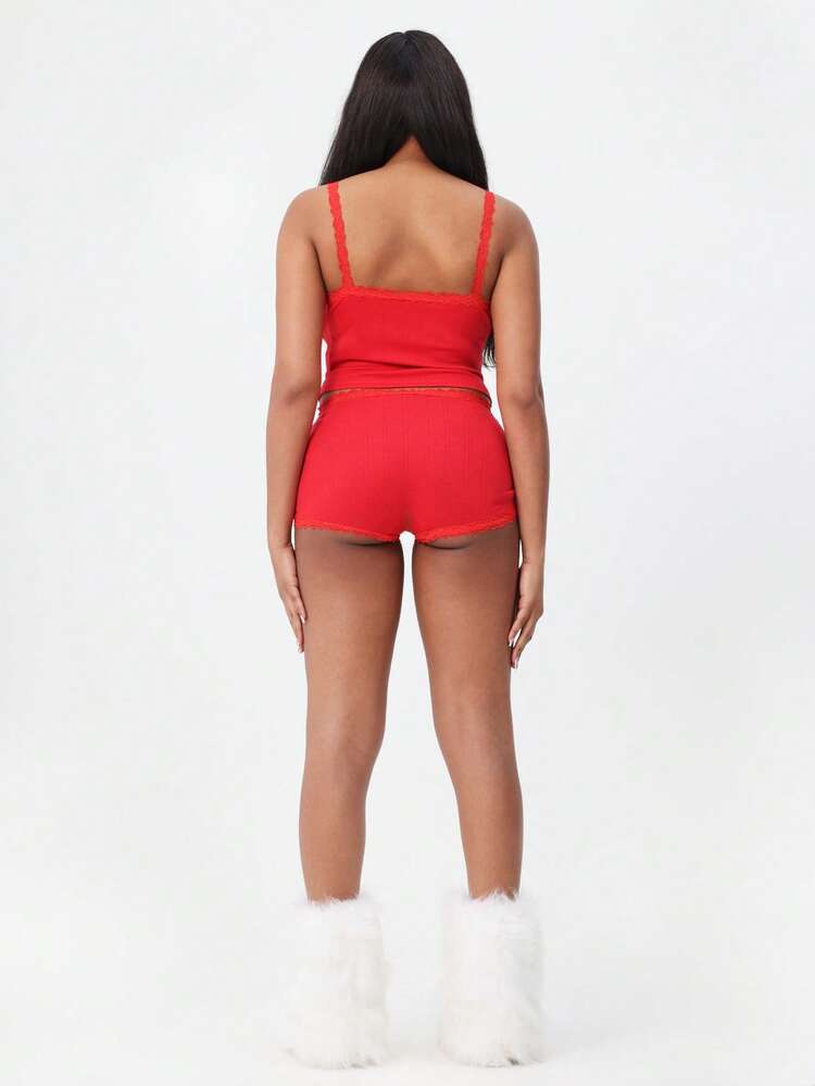 BABYPHAT Comfortable Red Ribbed Pajama Shorts With Lace Trim And Logo Detail For Loungewear Sleep