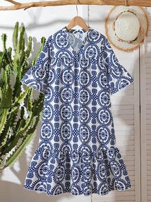 SHEIN 1pc Older Tween Girl' Summer Blue & White Geometric Print Stand Collar Mid-Length Flare Sleeve Ruffle Hem Casual Dress - Multicolor - View 3