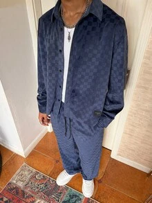 Manfinity Roghcode 男士格子复古休闲长袖衬衫长裤套装，秋冬男士两件套蓝色男士套装，男士两件套休闲西装Y2K运动服男士服装套装蓝色 - 寶藍色 - 查看 1