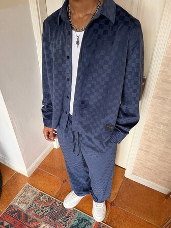 Manfinity Roghcode Set bărbătesc cu cămașă și pantaloni, stil retro casual, în carouri, toamnă/iarnă