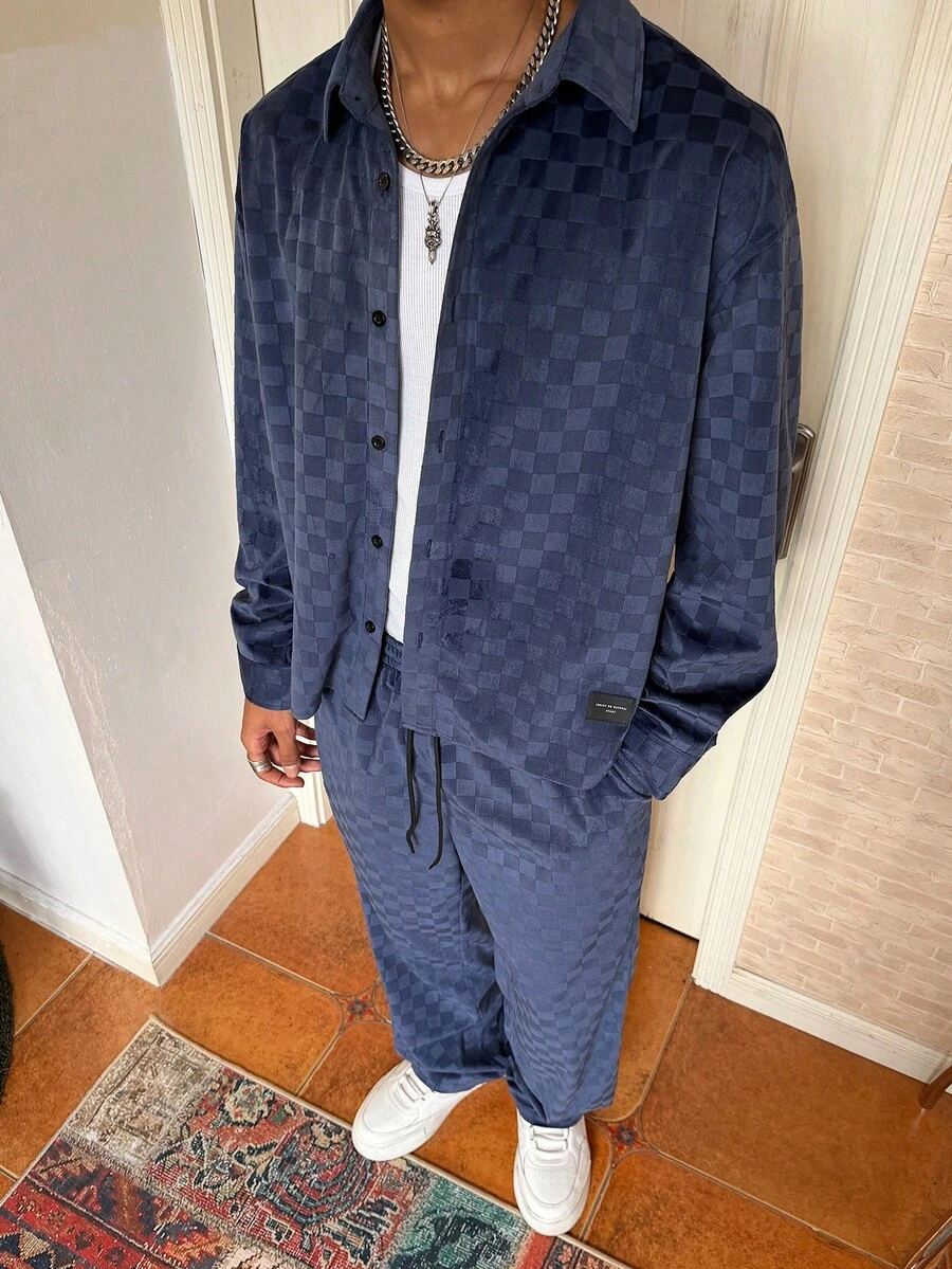Manfinity Roghcode 男士格子复古休闲长袖衬衫长裤套装，秋冬男士两件套蓝色男士套装，男士两件套休闲西装Y2K运动服男士服装套装蓝色 - 寶藍色 - 查看 1