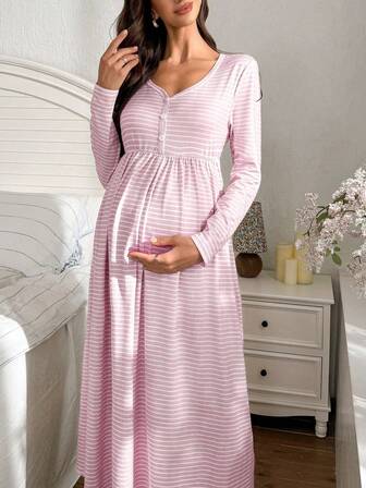 Moonlight & Mama Striped Print Buttoned V-Neck Long Sleeve Casual Maternity Dress/Nightgown