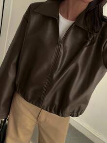 Livesso 女士宽松休闲仿皮夹克，常规版型，秋冬季
