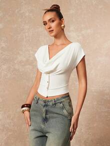 Lumalex Early Spring 2-Way Wear Dropped Shoulder Draped Waist Metal Buckle Short Sleeve Soft & Comfortable Women T-Shirt Vacation Birthday Wedding Guest Wedding Party Summer Holiday Beach Luxury Look Quiet Luxe Prom Gathering Party Banquet Modest Old Money Rave Festival Richly Layered Al-Adha Party Crop Tops Women Button Front Top Cowl Neck Top - White - View 8