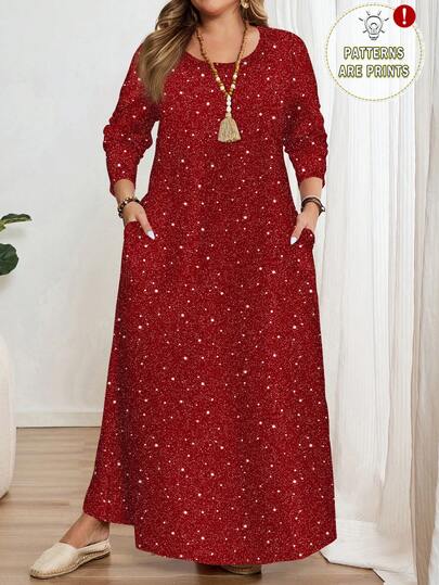 EMERY ROSE Elegant New Year Dotted Print Casual Minimalist Plus Size Women's Red Long Sleeve Crew Neck Dress, Red Long Dress, New Year Dress, Party Dress,  Spring,Summer/Vacation