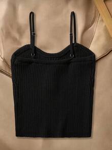 Girls' Knitted Sleeveless Vest,Black Autumn Elegant Party Corset Tops For Teens,Handmade Metal Buckle Twist Cord Ribbed Design Adjustable Camisole - Black - View 3