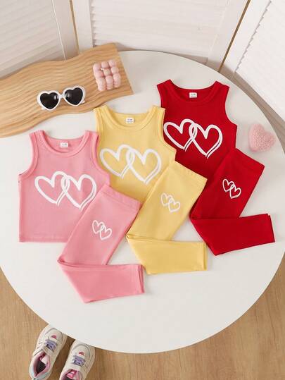SHEIN Playful Pals 6Pcs Baby Girl Spring Casual Outdoor Sports Ribbed Fabric Heart Print Sleeveless Tank Top And Elastic Waist Loose Comfortable Pants 3-Piece Outfit Baby Summer Sets Baby Girl Heart Outfit Baby Casual Sets Girl Clothes Sets Heart Toddler Outfit Baby Girls Valentines Outfit Baby Girl Outfit Baby Girl Vest Sets Baby Girl Vests Toddler Girl Tops Sets