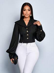 SOLERSUN Veste pour femmes en tissu épuré pour l'automne et l'hiver, avec fente à l'ourlet, manches lanternes épousant la taille, col tailleur ample, style simple, convient pour le port quotidien et les déplacements - Noir - Voir 3