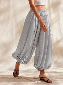 Easelle Women's Casual Color-Blocked Striped Woven Pants, Lantern Pants, Wide-Leg Pants, Striped Yarn-Dyed Drawstring Waist, Spring/Summer Holidays - Black and White - View 6