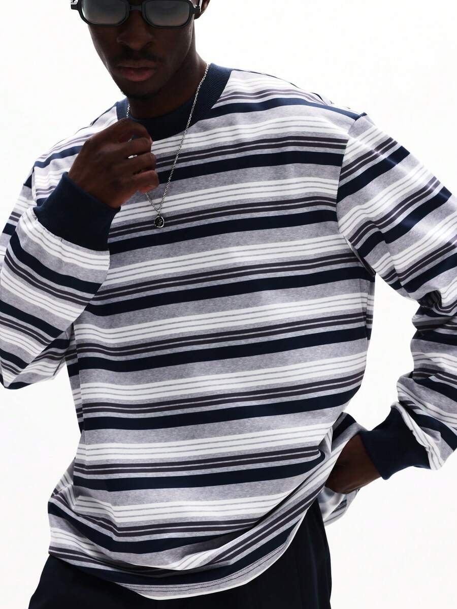 SUMWON Men's Crew Neck Long Sleeve Striped T-Shirt Casual Everyday Tee Fall Winter Comfort Fit Top - Light Grey - View 1