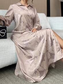 Dazy Plus 大码女式宽松碎花翻领长袖中长连衣裙，春夏吊带裙 - 棕色 - 查看 1