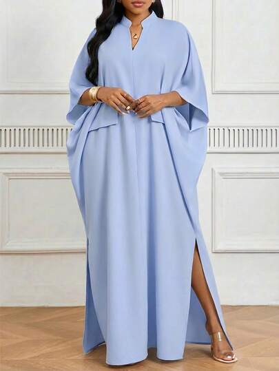 SHEIN Lady Plus Size Women's Elegant Chic Solid Color Notched Neck Batwing Sleeve Split Hem Loose Dress