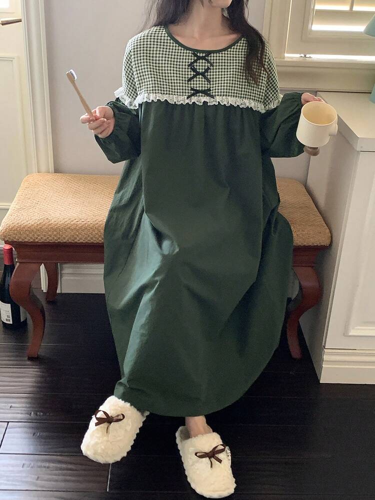 Sweet Bow Decor Plaid Patchwork Loose Women Nightgown