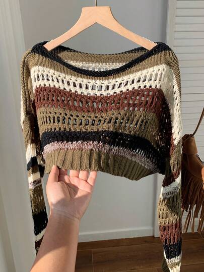 SHEIN EZwear Striped Pattern Drop Shoulder Crop Sweater,Long Sleeve Tops,Knitted Sweater In Fall/Winter