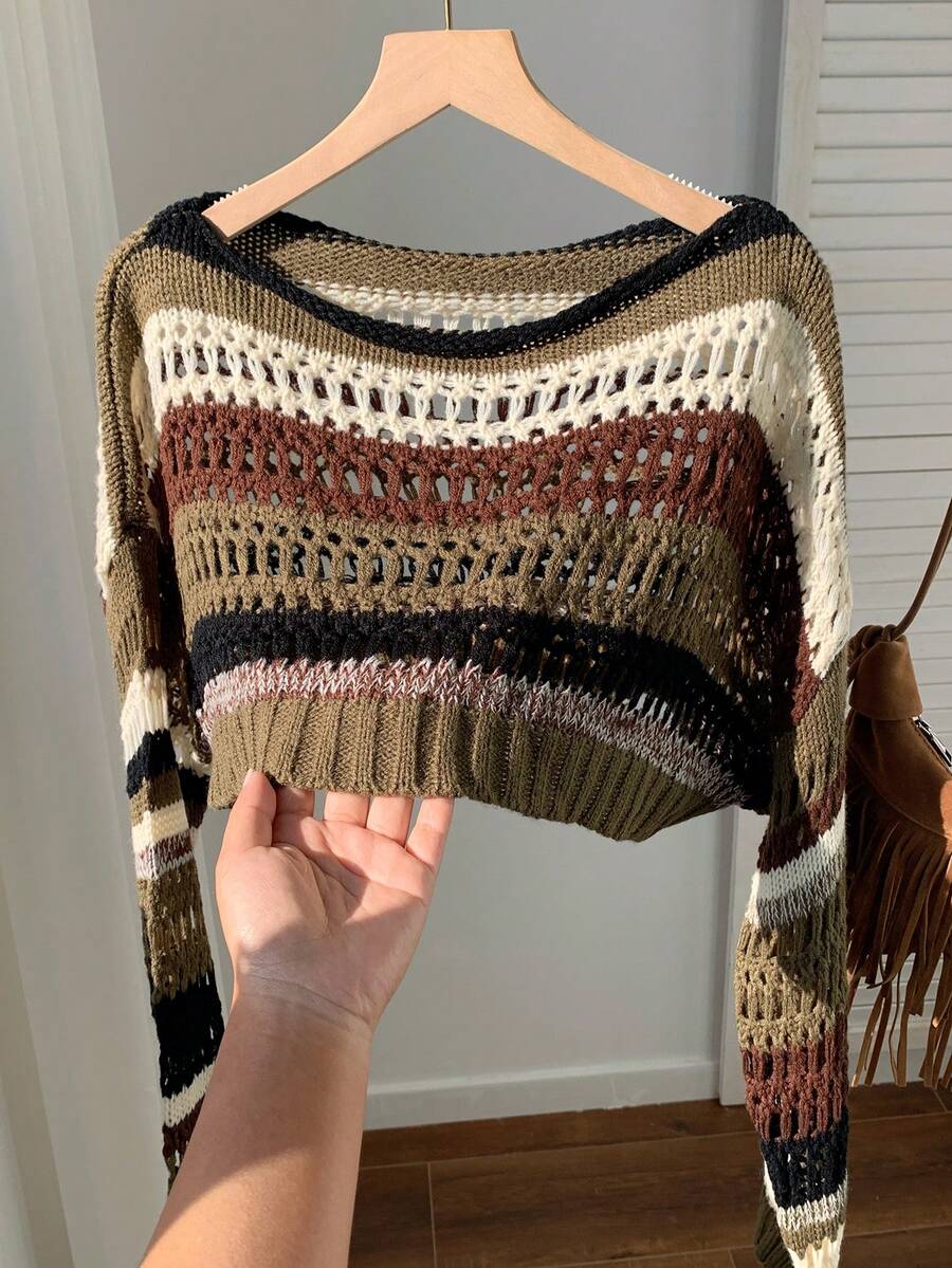SHEIN EZwear Striped Pattern Drop Shoulder Crop Sweater,Long Sleeve Tops,Knitted Sweater In Fall/Winter - Multicolor - View 1