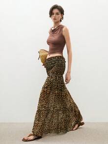 ATUI Studio 女式秋季优雅简约复古西部棕色米色雪纺豹纹狂欢长裙，波西米亚风女装，西部女装，狂欢节服装，西部女装