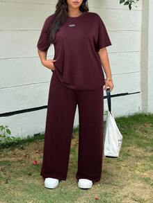 Muchica 2pcs Plus Size Women Casual Letter Print Short Sleeve T-Shirt And Pants Set, Spring/Summer Wide Leg Pants Set Modest Two Piece Set Pants Two Piece Set - Rusty Rose - View 4