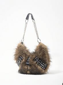 ROMWE Grunge Punk Túi xách nữ, túi đeo vai, túi hobo, giả lông thú, lông xù, túi nhung, đinh tán, thời trang, cá tính, đa năng, phong cách đường phố, dành cho các cô gái ngọt ngào và cá tính, các cô gái sành điệu, phong cách punk, Y2K, dùng hàng ngày, mùa thu và mùa đông (mẫu ngẫu nhiên) - màu nâu - Xem 5