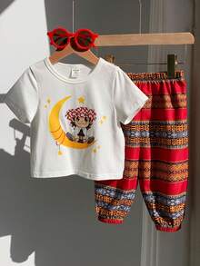 SHEIN Set de 2 piezas de camiseta de manga corta blanca con estampado lindo de niño y pantalones de linterna a rayas retro para bebé niño, patrón floral tradicional casual y versátil, adecuado para primavera/verano, festivales y celebraciones - Burdeos - Ver 7